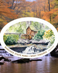 Babcock State Park Sticker over background of waterfalls in fall in wv