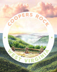 Coopers Rock State Park Sticker watercolor peachy yellow skies and misty mountains of green