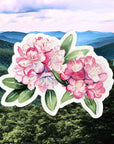 Watercolor Rhododendron Sticker on background of wv blue mountains