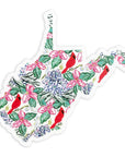 West Virginia State Bird and State Flower Sticker- Red Cardinals and Blue Rhododendron with Pink Trillium in the state shape