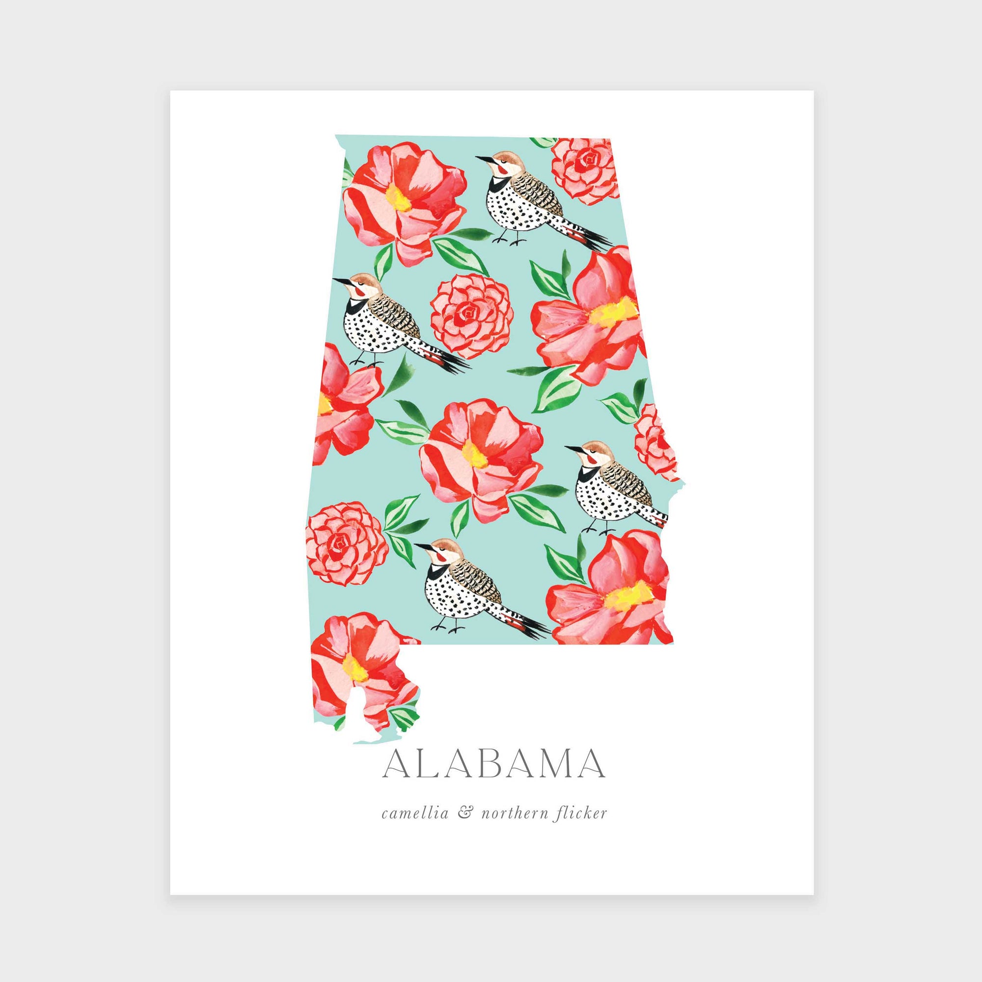The state of Alabama camellia and northern flicker flower art print