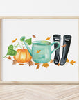 Fall Gardening Art Print including pumpkins, watering can, and black wellies (boots).