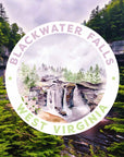 Blackwater Falls Sticker purple and green misty trees and waterfall in watercolor