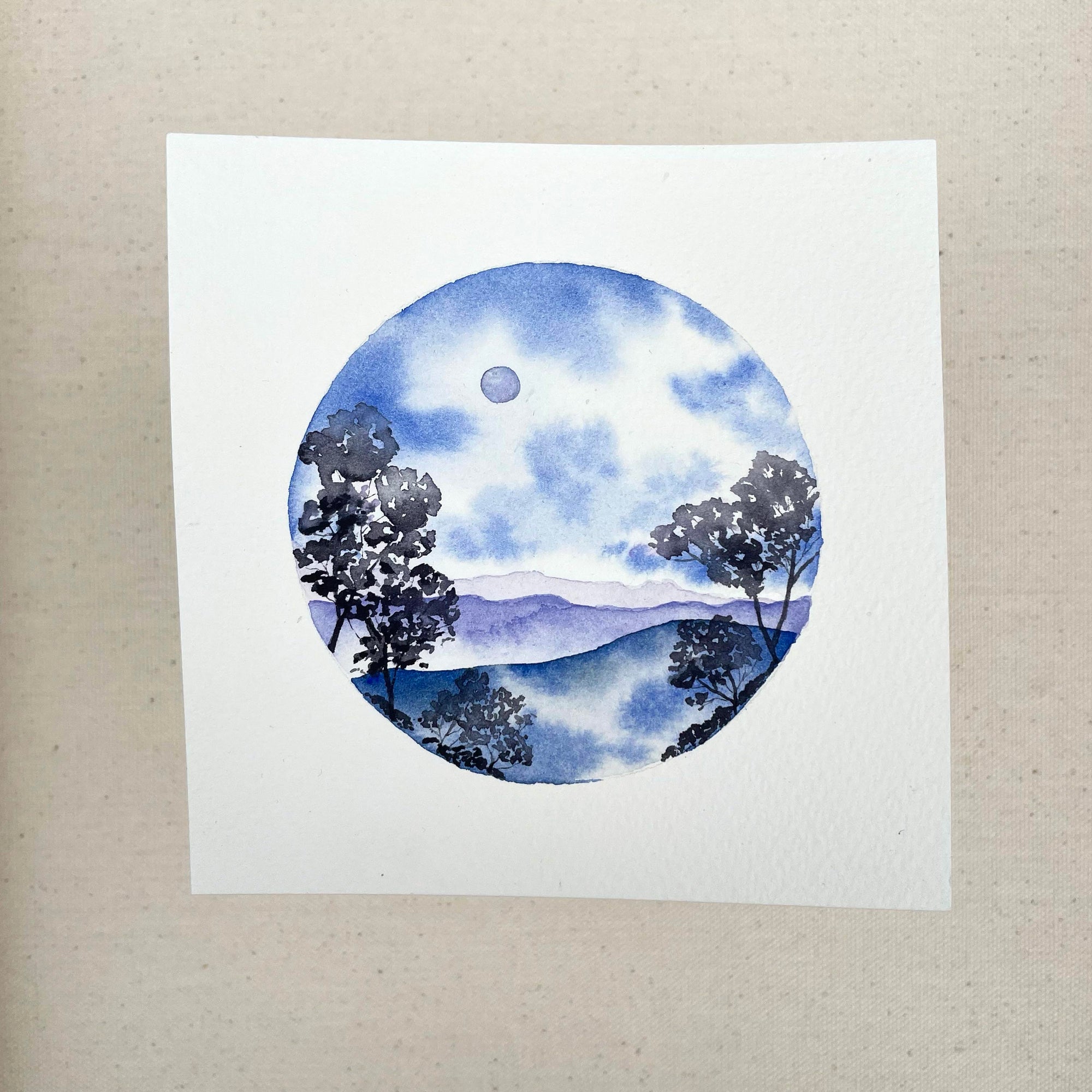 Blue Moon over Appalachia| 5&quot;x5&quot; Watercolor Original on Cotton Paper