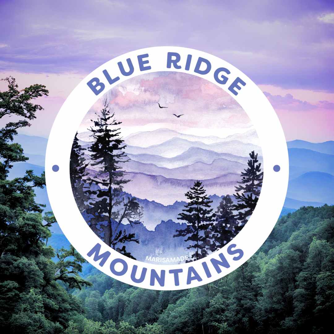 Blue Ridge Mountains Sticker with purple rolling hills and silhouettes of trees 