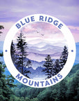 Blue Ridge Mountains Sticker with purple rolling hills and silhouettes of trees 