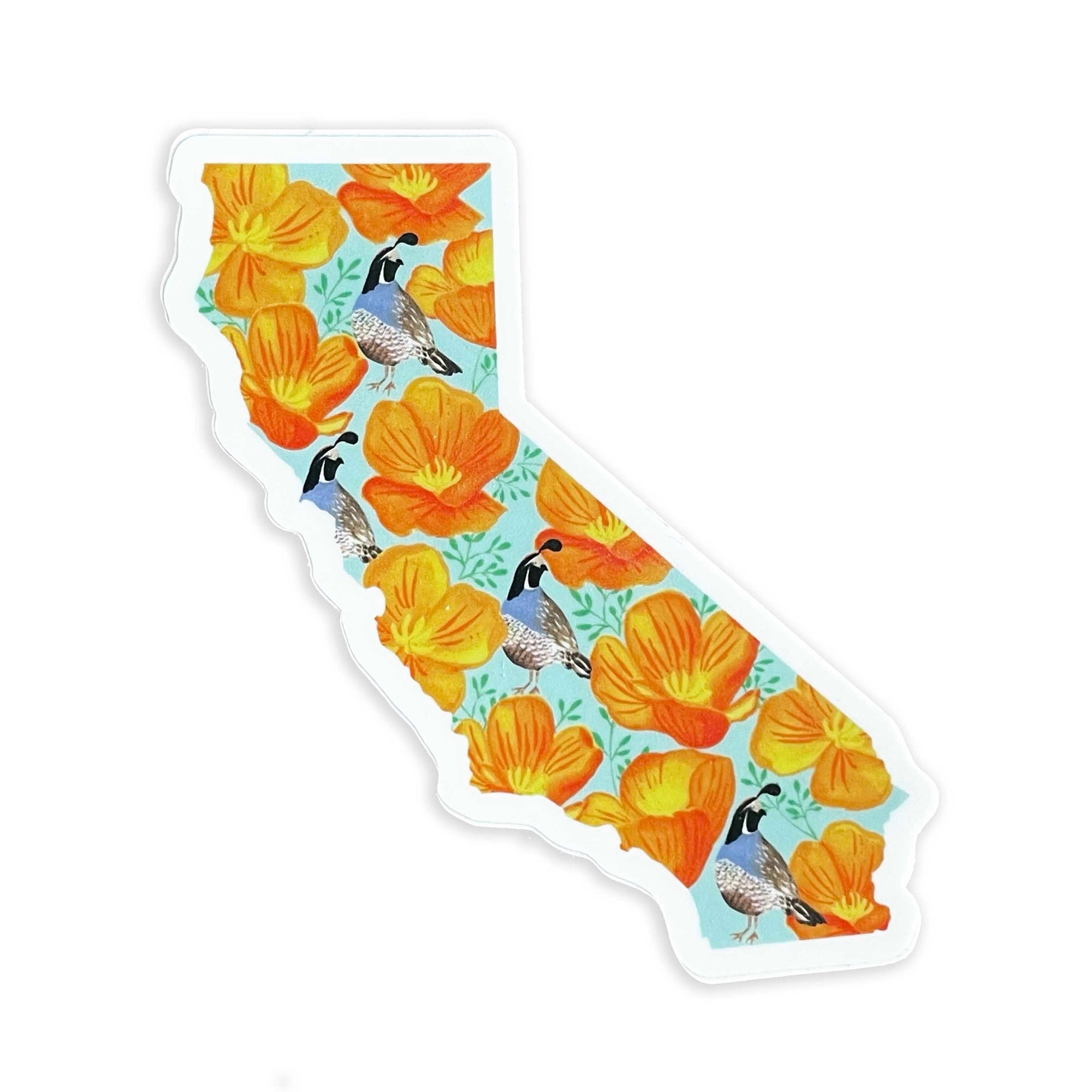 Sticker in the shape of California with orange poppies and state bird inside the state shape