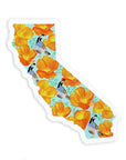 Sticker in the shape of California with orange poppies and state bird inside the state shape