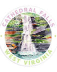 Cathedral Falls Watercolor painting- purple waterfall, green and brown rocks, aqua water below in a circular sticker