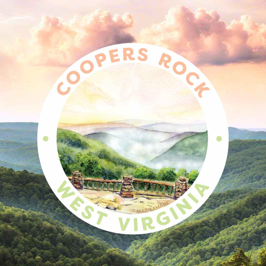 Coopers Rock State Park Sticker watercolor peachy yellow skies and misty mountains of green