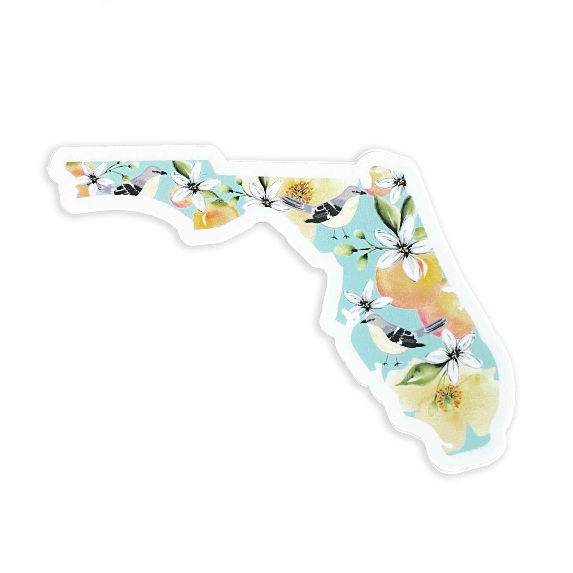 Florida shaped sticker with mockingbirds and oranges and orange blossoms on teal background