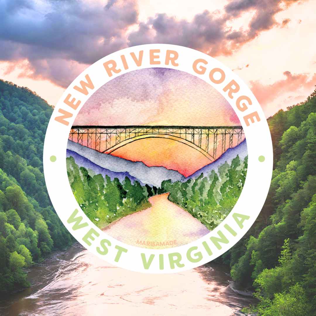 New River Gorge Bridge Watercolor Painting as a Circle Sticker