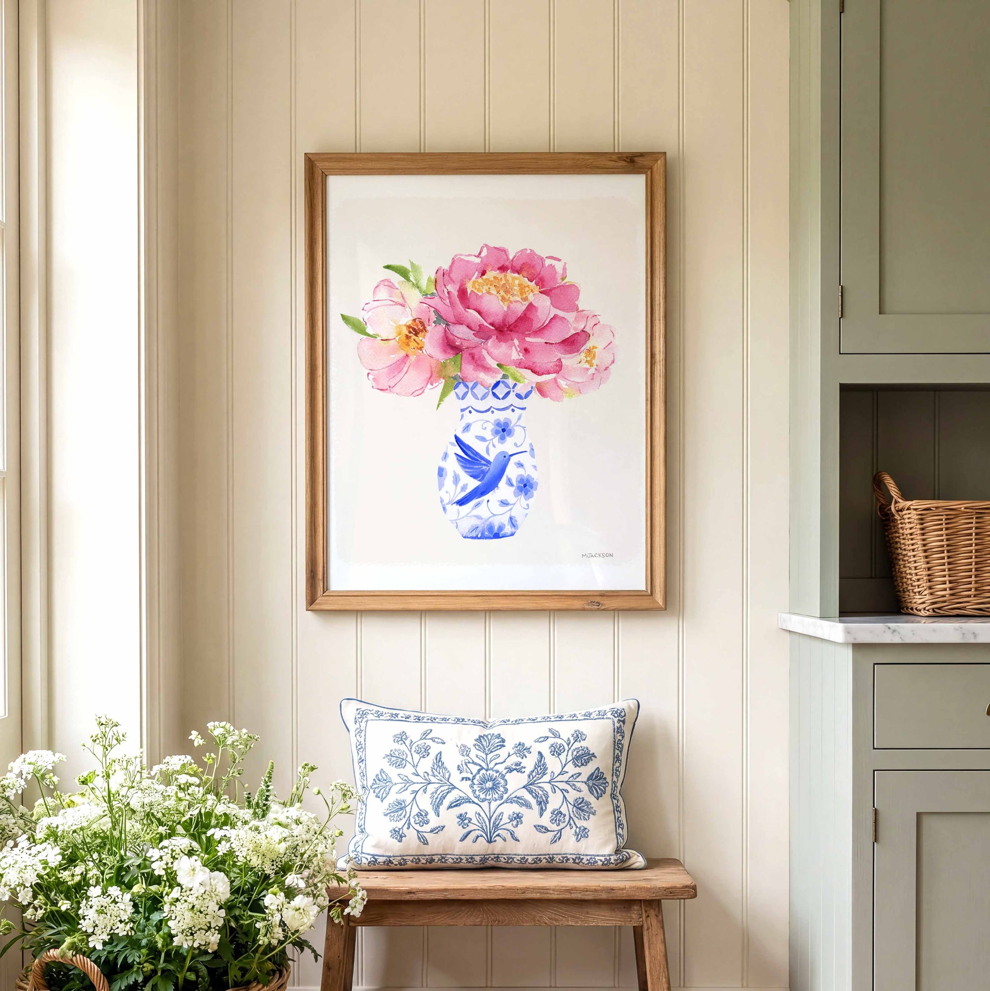 Pink Peony in Blue Vase Art Print