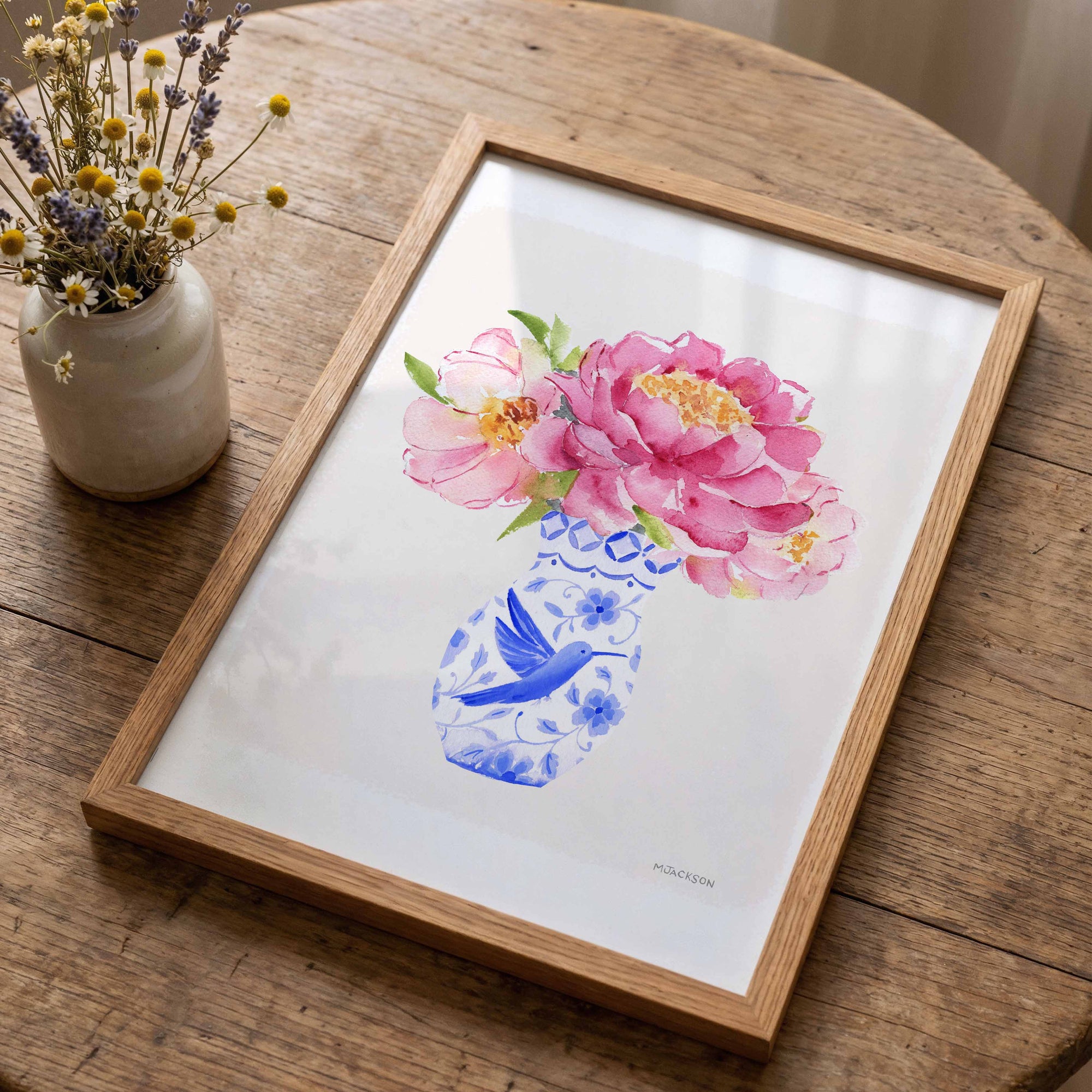 Pink Peony in Blue Vase Art Print
