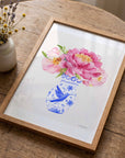 Pink Peony in Blue Vase Art Print