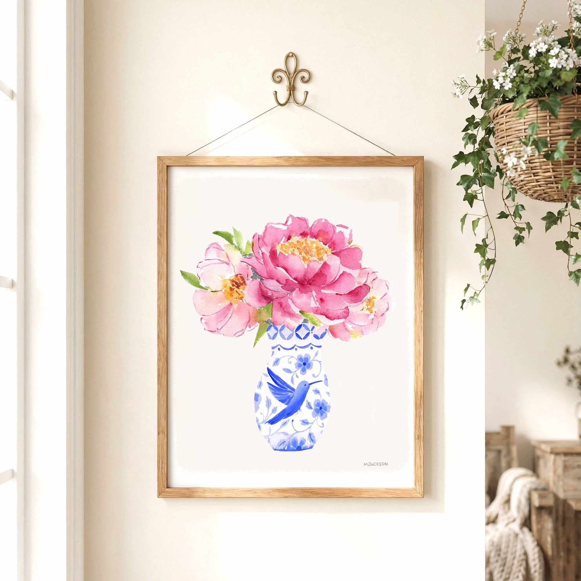 Pink Peony in Blue Vase Art Print