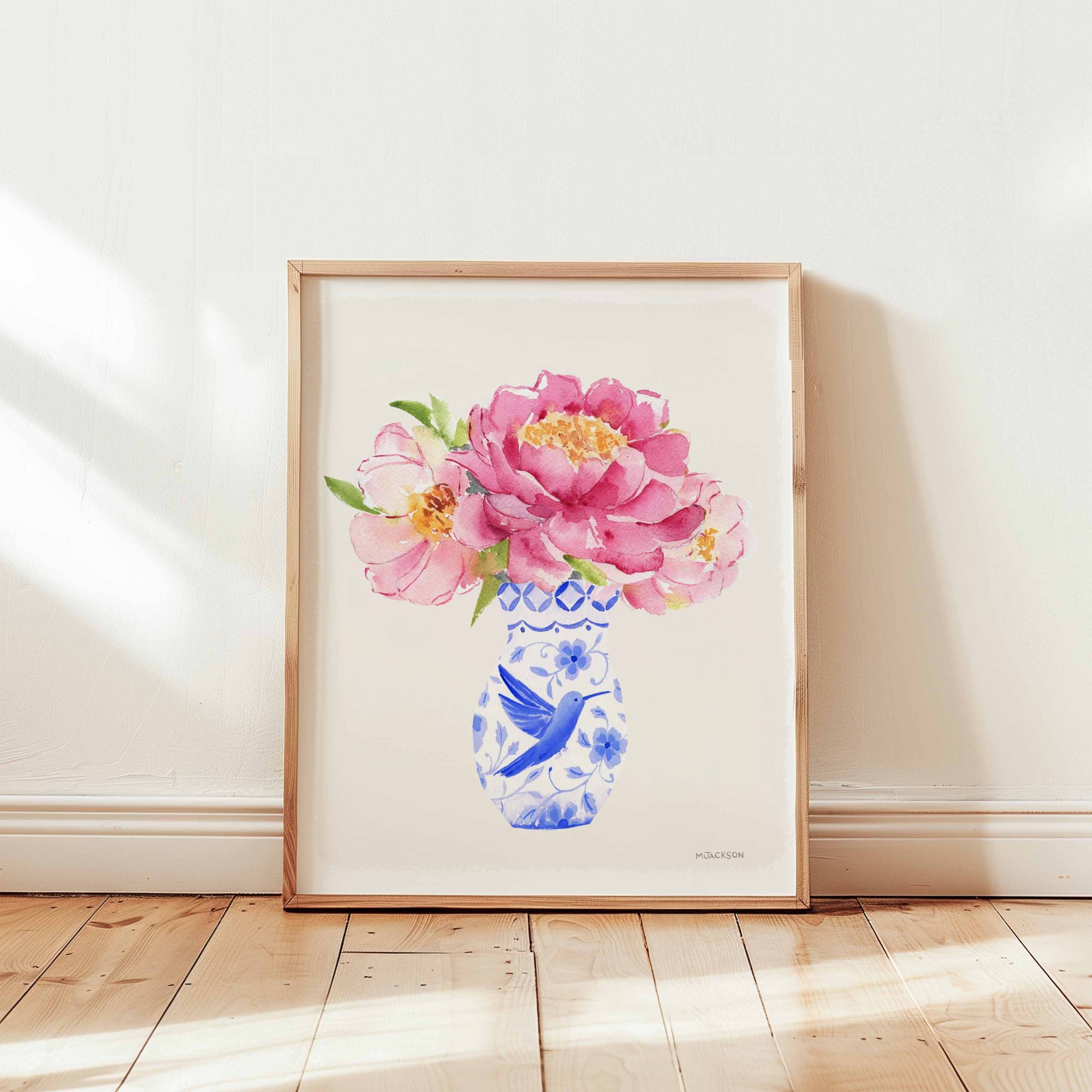 Pink Peony in Blue Vase Art Print