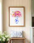 Pink Peony in Blue Vase Art Print