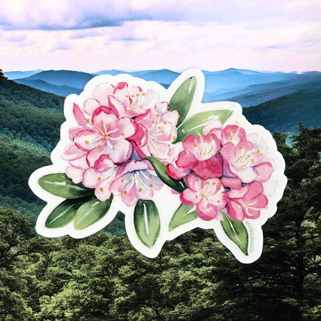 Watercolor Rhododendron Sticker on background of wv blue mountains