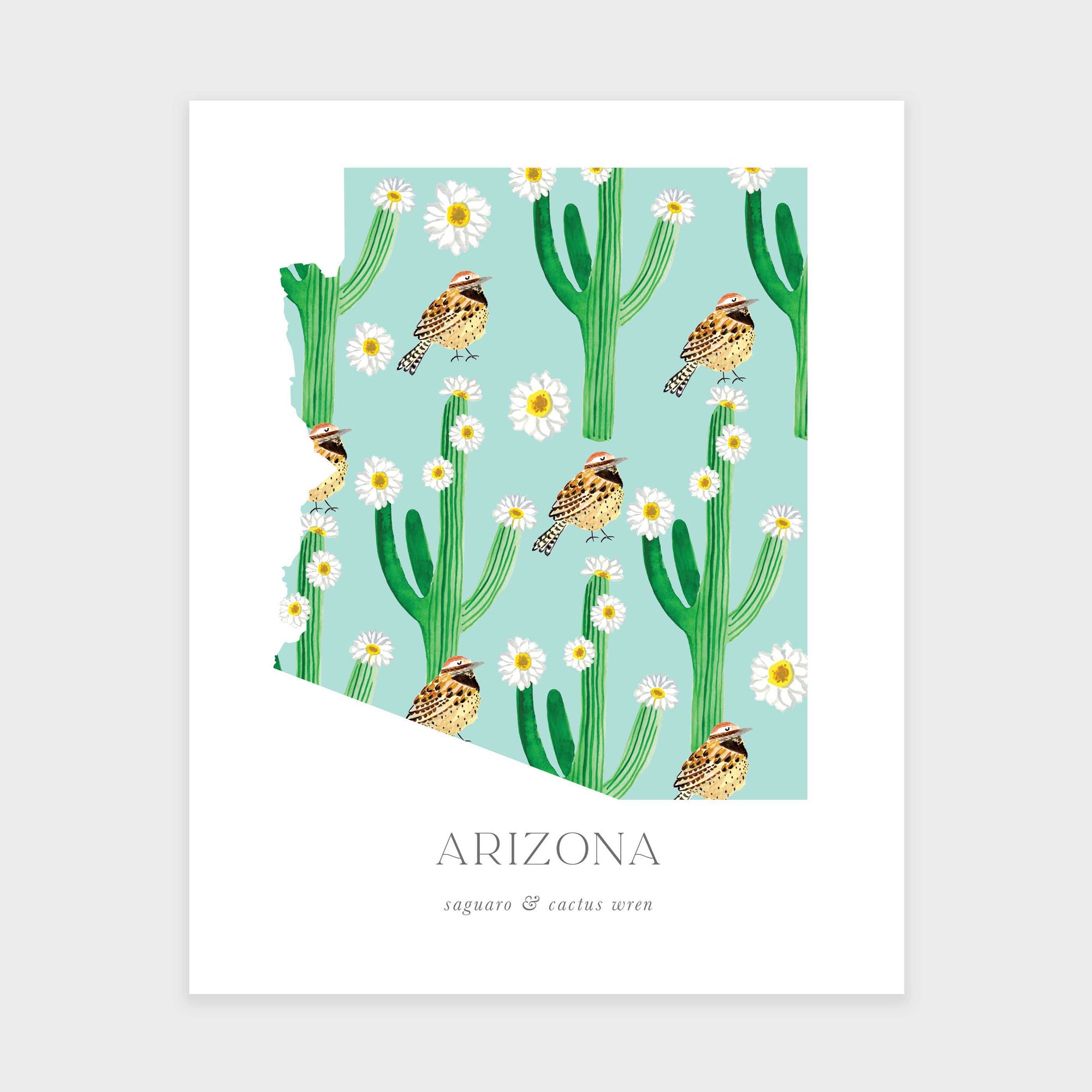 Arizona State Flower &amp; Bird Print - Saguaro and Cactus Wren