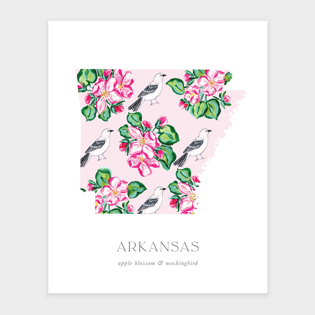 Arkansas State Flower & Bird Print - Apple Blossom and Mockingbird