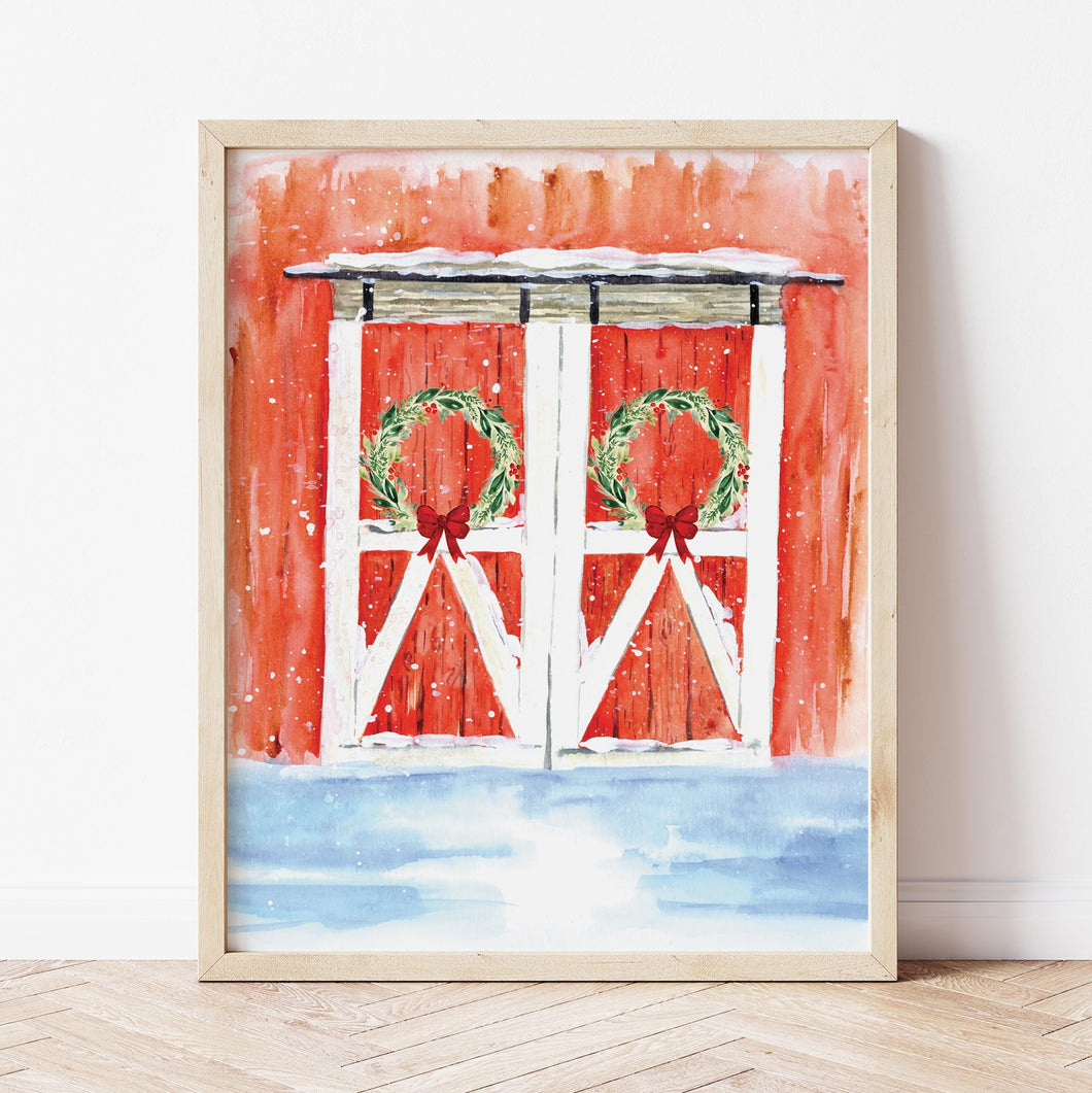 Snowy Barn Doors Art Print