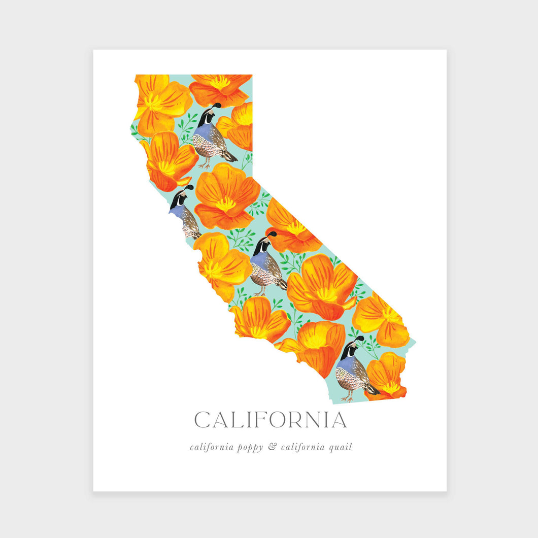 California State Flower Art Print california poppy and california quail