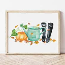 Load image into Gallery viewer, Fall Gardening Art Print including pumpkins, watering can, and black wellies (boots). 
