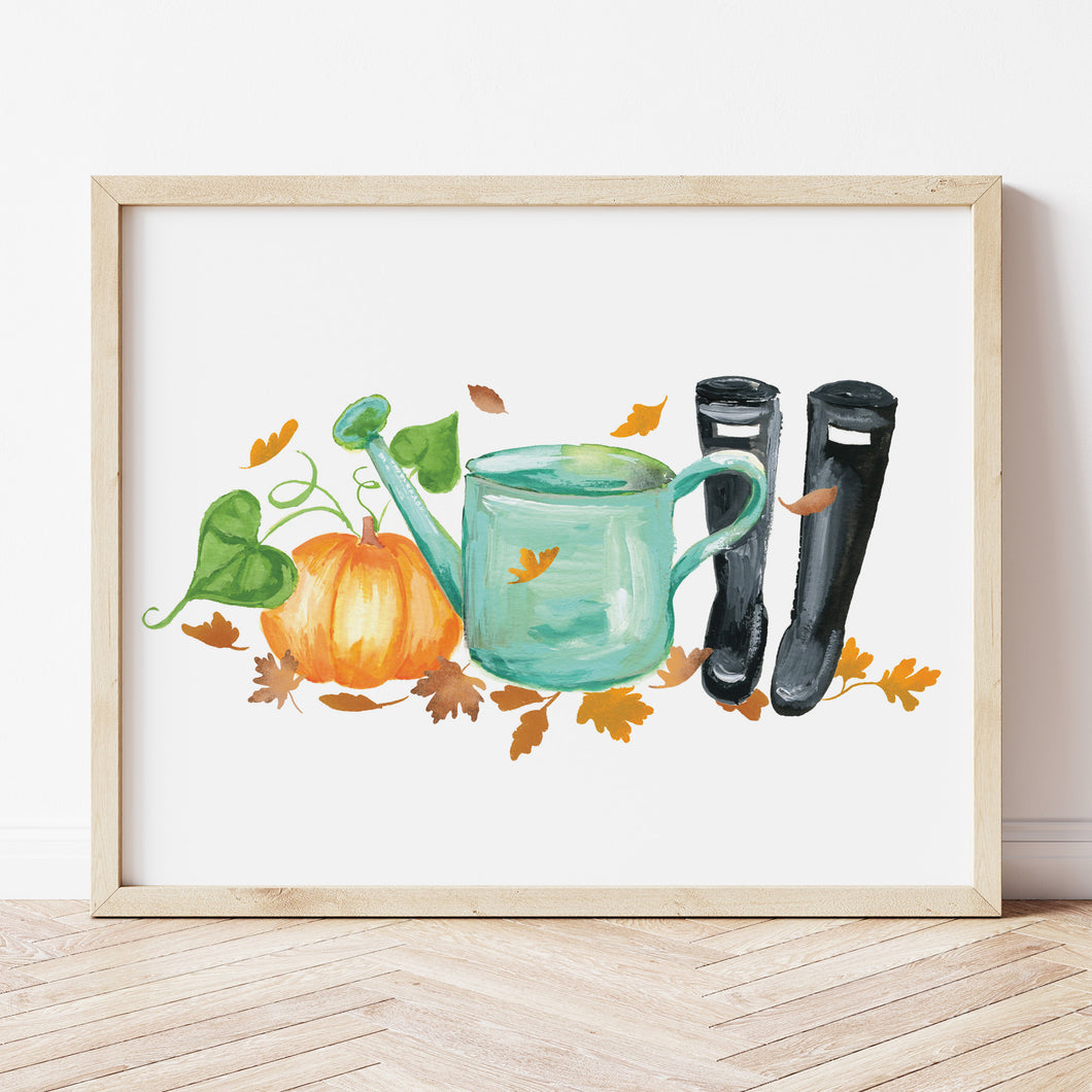 Fall Gardening Art Print including pumpkins, watering can, and black wellies (boots). 