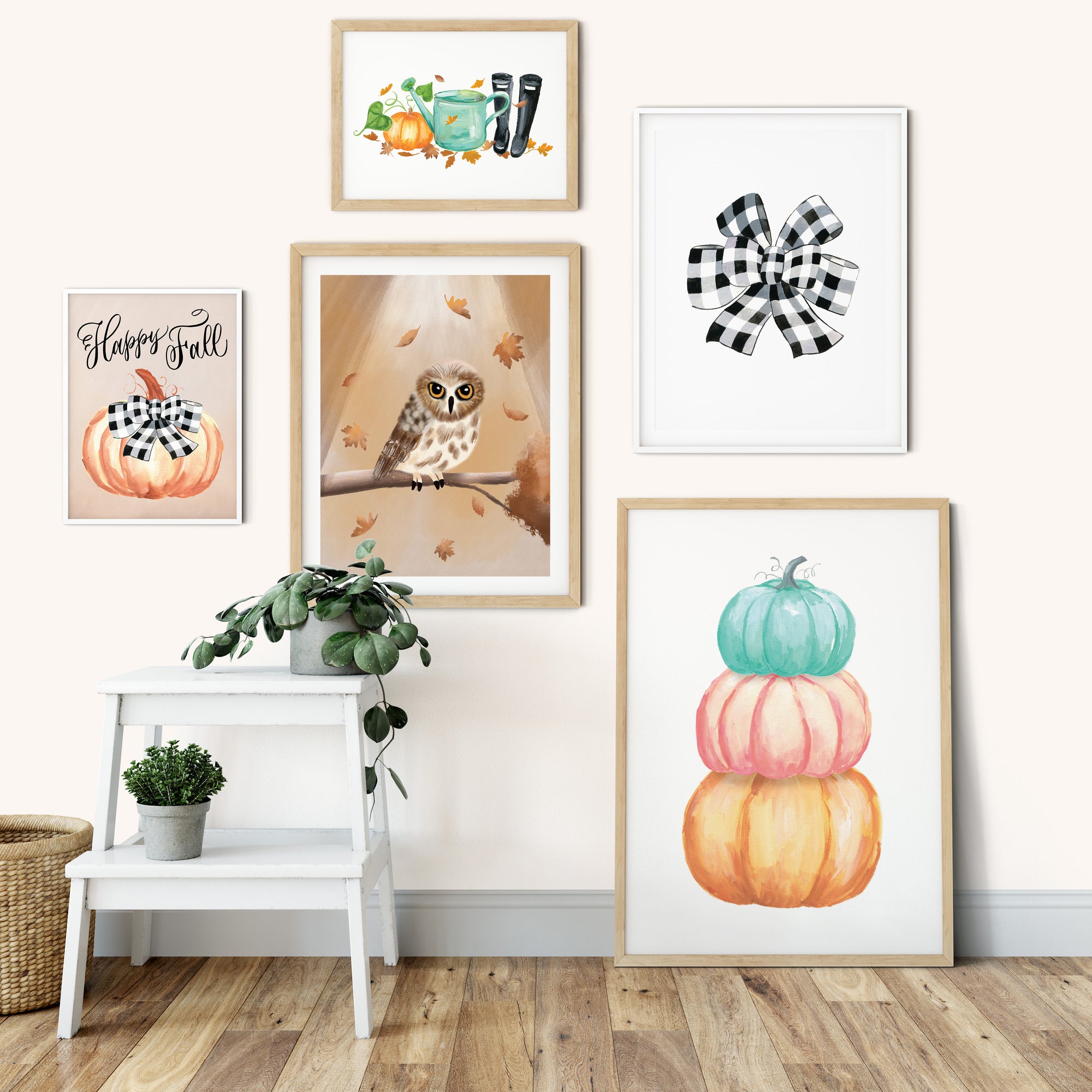 Collage of Fall Art Prints with Pumpkins, Buffalo Check Bows, Owls, and Fall Gardening items