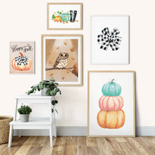Load image into Gallery viewer, Collage of Fall Art Prints with Pumpkins, Buffalo Check Bows, Owls, and Fall Gardening items
