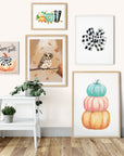 Collage of Fall Art Prints with Pumpkins, Buffalo Check Bows, Owls, and Fall Gardening items
