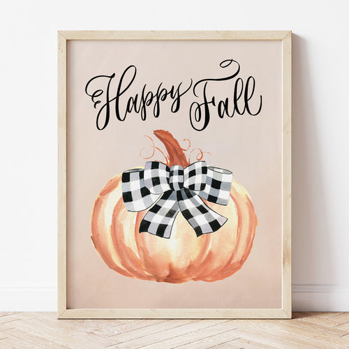 Happy Fall Art Print with a painted burnt orange pumpkin topped with a buffalo plaid bow. 