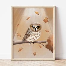 Load image into Gallery viewer, Art Print of a northern saw whet owl on a tree branch surrounded by fall leaves
