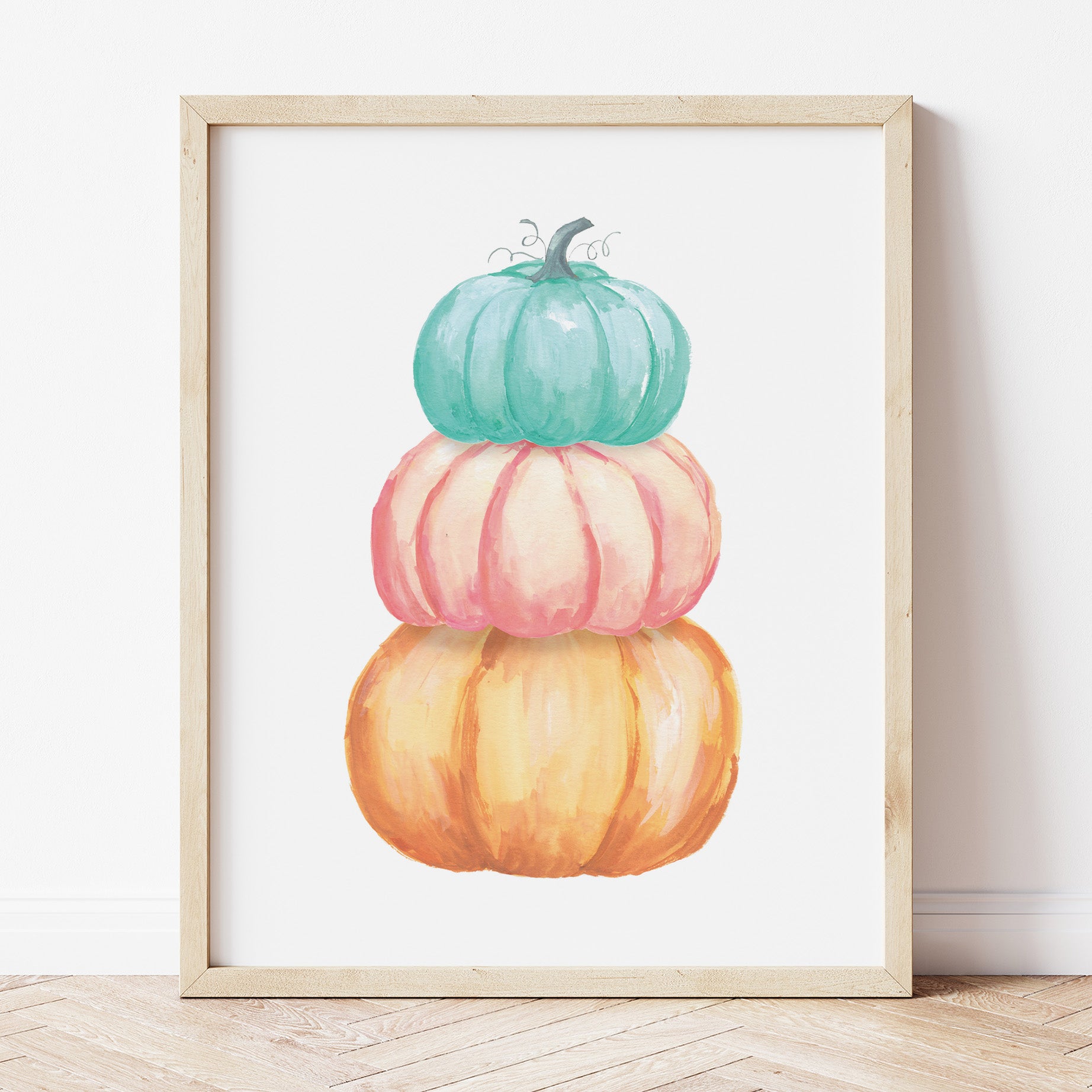 Painting of Stacked Pumpkins in Orange, Pink, and Teal. The paint texture gives it Rustic, elegant vibe!
