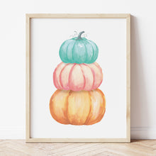 Load image into Gallery viewer, Painting of Stacked Pumpkins in Orange, Pink, and Teal. The paint texture gives it Rustic, elegant vibe!
