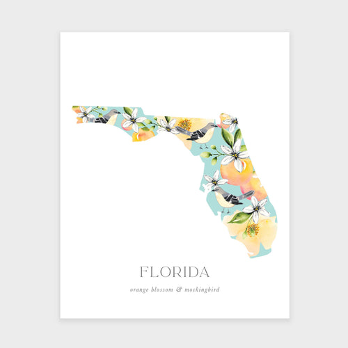 Florida state flower and bird art print orange blossoms and mockingbirds