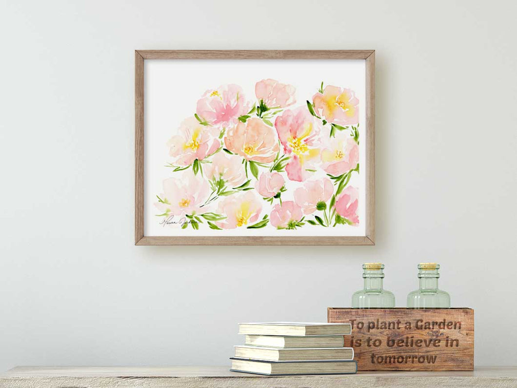 Peony Watercolor Painting Art Print | Peony Garden Picture 1