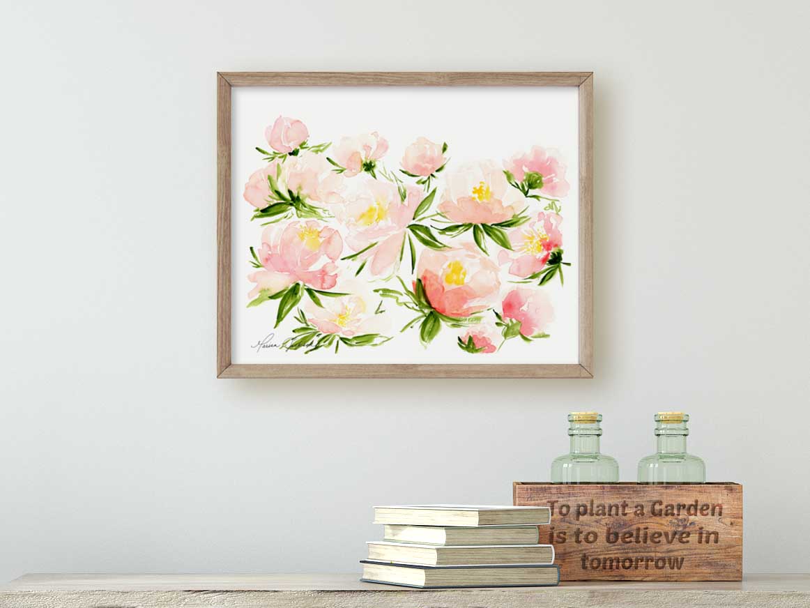 Pink Peonies Watercolor Painting Art Print | Peony Garden Picture 2