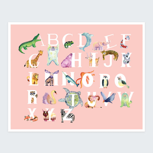 Watercolor Animal Alphabet Print - Pink