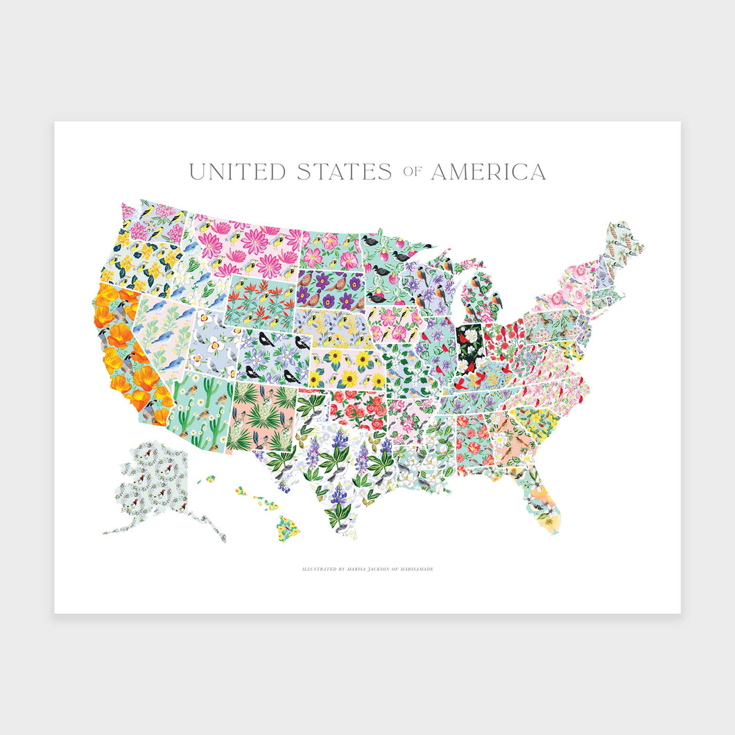 USA Map Print of State Flowers and Birds